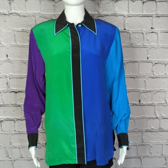 Bob Mackie Silk Color Block Button Down Top, Women's Small - Picture 2 of 9